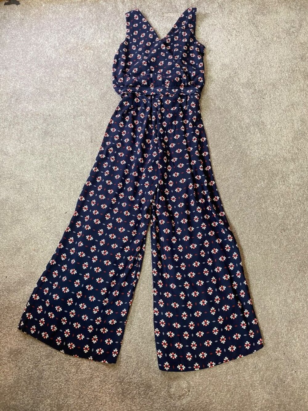 Knapp Studio Sleeveless Navy Floral Jumpsuit Belted Waist Wide-Leg Small